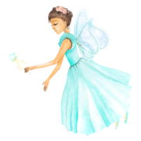 Watercolor illustration of a little fairy in a beautiful mint-colored ball gown for children. png