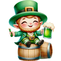 ai gerado duende fofa desenho animado personagem aguarela com verde Cerveja cerveja sentado em uma Cerveja barril. png