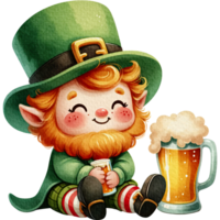 ai généré lutin mignonne dessin animé personnage aquarelle avec vert Bière pinte séance sur le sol. png