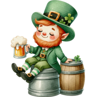 ai généré lutin mignonne dessin animé personnage aquarelle avec vert Bière pinte séance sur une Bière tonnelet. png