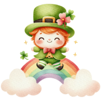 ai gegenereerd elf van Ierse folklore schattig tekenfilm karakter waterverf met rijden Aan de regenboog. png