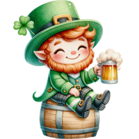 ai generado duende linda dibujos animados personaje acuarela con verde cerveza medio litro sentado en un cerveza barrilete. png
