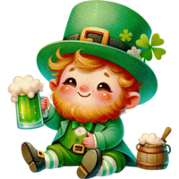 ai gegenereerd elf van Ierse folklore schattig tekenfilm karakter waterverf met groen bier pint zittend Aan de vloer. png