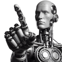 AI generated humanoid robot machine cyborg hand pointing touch transparent background png, arm raising one index finger upward gesture direction 3d rendering digital world future contact or press png