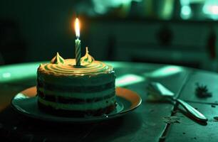 AI generated striped birthday cake with one lit candle photo