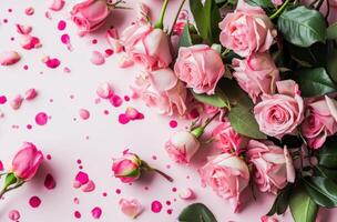AI generated pink roses arranged in a frame with white paper background photo