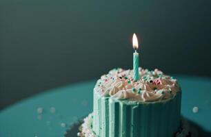 AI generated striped birthday cake with one lit candle photo