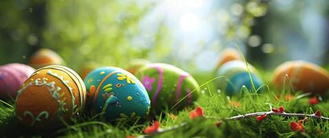 AI generated the frontispiece of an easter table with some decorated eggs photo