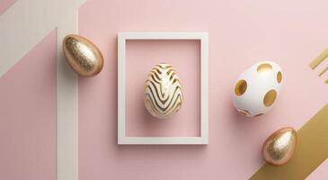 ai generado Tres Pascua de Resurrección huevos y un blanco marco en un rosado fondo, foto