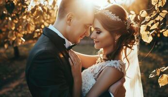 AI generated the bride and groom embracing in the sun photo