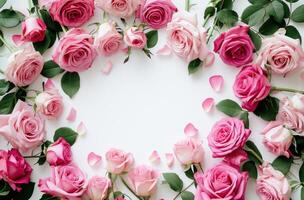 AI generated pink roses arranged in a frame with white paper background photo