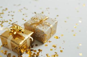 AI generated two gold presents on a white background with gift wrapping photo