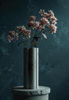 AI generated the pink flowers are growing on top of a grey pedestal photo