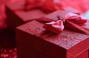 AI generated two red gift boxes, one of which has a bow on it photo