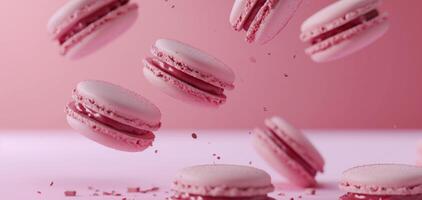 AI generated some macarons are falling over a pink background photo
