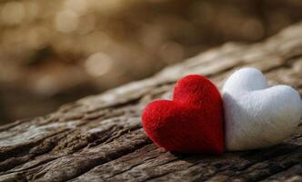 AI generated two felt heart, red and white, on wooden table photo