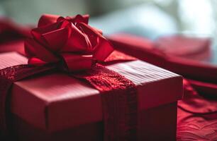 AI generated two red gift boxes, one of which has a bow on it photo