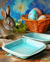 AI generated two plastic dishes on a table next to an easter bunny photo