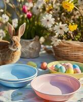 AI generated two plastic dishes on a table next to an easter bunny photo