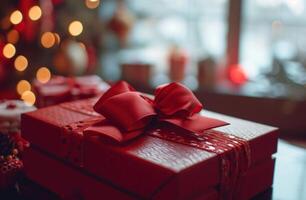 AI generated two red gift boxes, one of which has a bow on it photo