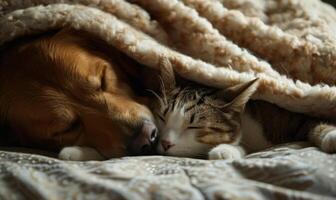 AI generated a dog and cat asleep next to each other under a blanket photo