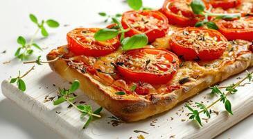 AI generated a free bread with tomatoes, cheese and herbs on a white background photo