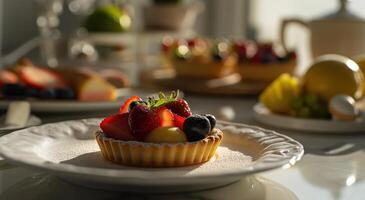 AI generated a fruit tart is sitting on a white plate with other dishes photo