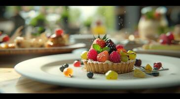 AI generated a fruit tart is sitting on a white plate with other dishes photo