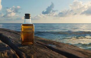 AI generated a bottle of coldpressed coconut oil sitting on a wooden table photo