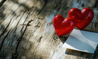 AI generated two red hearts and white card on wooden table photo