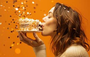 AI generated woman blowing cake on orange background photo