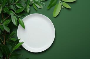 ai generado blanco circular plato en un verde antecedentes foto