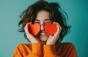AI generated woman smiling with red heart paper over her eyes, photo