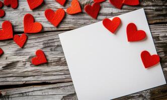 ai generado enamorado saludo tarjeta con rojo corazones diseño y blanco blanco sábana foto