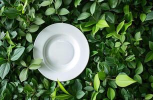 AI generated white oval circle in the middle of green leaves photo