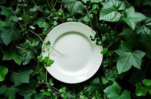 AI generated white oval circle in the middle of green leaves photo