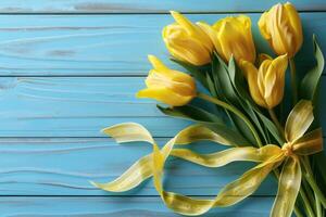 AI generated yellow tulips with blue gift box on blue wooden background photo