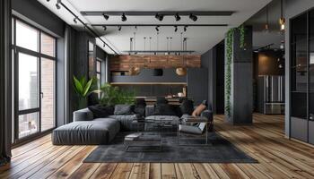 AI generated a living room with grey walls and wood floors photo