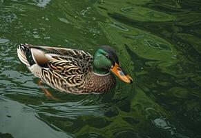 ai generado un Pato nadando en un verde lago foto