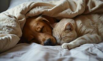 ai generado un perro y gato dormido siguiente a cada otro debajo un cobija foto