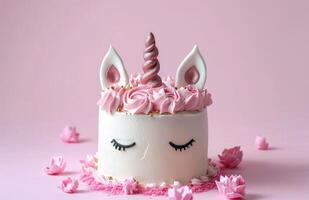 AI generated unicorn cake with pink flowers photo