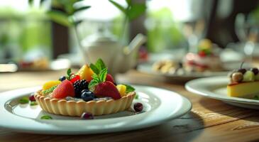 AI generated a fruit tart is sitting on a white plate with other dishes photo