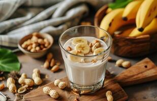 AI generated a glass of yogurt, bananas and peanuts photo