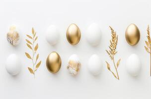 AI generated white background with gold and white eggs on it photo