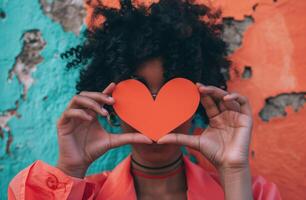 AI generated woman holding heart shaped paper above her eyes photo