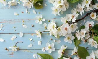 AI generated white cherry blossoms and leaves on light blue wooden background photo