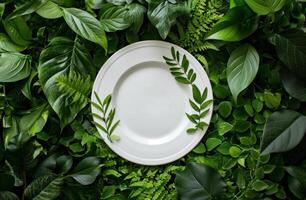 AI generated white oval circle in the middle of green leaves photo