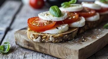 AI generated a sandwich with mozzarella cheese and tomatoes on top photo