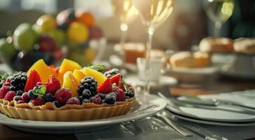 AI generated a fruit tart is sitting on a white plate with other dishes photo