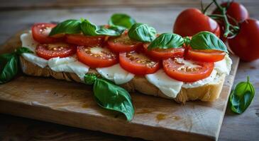 AI generated a sandwich with mozzarella cheese and tomatoes on top photo